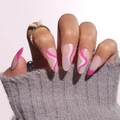 Uñas postizas de almendra con degradado francés y patrones de ondas rosas brillantes - Estilo de Pegamento de Textura de Onda Rosa (Y-79)
