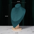 Dark green velvet necklace display bust with natural beech wood base and size labels - Wood Green Velvet Large