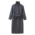 Abrigo largo de lana gris oscuro para mujer con cuello alto y cinturón ajustable fino - S / Gris
