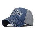 Detail of vintage washed cotton baseball cap with New York embroidery and distressed finish - Adjustable / Navy Blue Splicing Grey