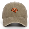 Close-up of colorful donut embroidery on a vintage washed brown cotton baseball cap - Khaki