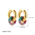 Detail view of 18K gold hoop earrings with multi-colored rhinestones and size dimensions - Gold Double Hoop Rainbow Pendant Earrings