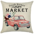 Linen pillow cover featuring a red vintage car with watercolor floral roses design - 18x18 Inch / Fresh Flower Market Red Car (LYD444-3)