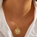 18K gold sunburst pendant necklace with silver moon face and sparkling cubic zirconia - Sun God (XHN002GL)