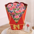 3D popup greeting card featuring carnations in a red pot with a golden bow and note - Carnation