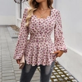 Elegant pink floral long-sleeve blouse with puff sleeves and square neckline for women - S / Pink
