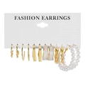 6-piece gold-tone alloy earring set featuring geometric shapes and faux pearls - 6 Pairs Set / Gold