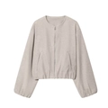 Detail of soft beige bomber jacket featuring a metal zipper and ribbed cuffs - XS / Apricot