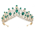 Elegante tiara da sposa dorata con gemme verdi a goccia e scintillanti cristalli bianchi - Base Oro-Verde