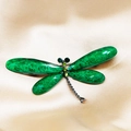 Green dragonfly brooch with rhinestones and translucent emerald wings on satin background - Olive Green