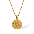 Gold stainless steel sun totem pendant necklace with twisted rope chain on white background - Sun Round Medallion Style (GX2488-项链)
