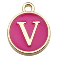 Pink enamel round pendant with golden letter V for DIY jewelry bracelets and crafts - Letter V Pendant Only (Without Chain) / 1 Piece (12x14mm) / Rose Red