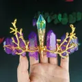 Handmade golden branch crown featuring purple natural crystal stones and aura centerpiece - Purple Crystal + Gold Branches Flat Style