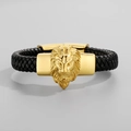 Men's braided leather bracelet featuring a detailed golden lion head metal charm - Gold Lion Head (KB80478-BD)