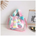 Detail of plush unicorn bag featuring rainbow faux fur and pink sequin heart embroidery - Green/Rainbow