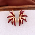 18k gold plated flower stud earrings with dark red petals and matte finish details - Gold Red Feather Leaf Style (78#)