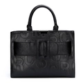Black faux leather tote bag with embossed letters and a large square buckle detail - Single Bag / Black