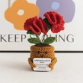 Handmade crochet emotional support plant in a brown pot with two red flowers and a card - Double-Head Carnation - Red