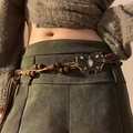 Bohemian Y2K waist chain with wooden beads and butterfly buckle on green trousers - Butterfly Woven Style B (K0109B)