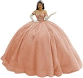 Elegant peach off-shoulder tulle ball gown with floral lace and sparkling rhinestones - Rose Gold with Train