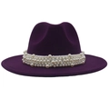 Detail of elegant dark purple wool fedora hat featuring a white faux pearl embellished band - Deep Purple (Large Pearl)