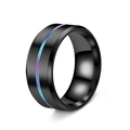 Men's black brushed titanium steel ring with rainbow groove inlay and polished interior - Black with Rainbow