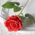 Single realistic red velvet artificial rose on white vintage plate for home decoration - 7cm / Light Red (Silk Cloth)