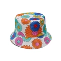 Detailed close-up of vibrant floral pattern on the white summer sun hat with wide brim - White Base With Colorful Large Floral (C)