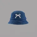 Summer dark blue denim sun hat featuring a white embroidered bow on the front center - Front Bowknot Embroidery Bucket Hat / Dark Blue
