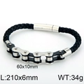 Men's leather braided bracelet with silver bicycle chain and magnetic clasp, 210mm long - Polished Black and Silver