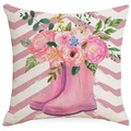 Linen cushion cover with pink zigzag stripes and floral watercolor rain boots design - 18x18 Inch / Pink Rain Boots Zigzag (YD526-1)