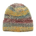 Gros plan d'un bonnet en maille épaisse multicolore avec texture de laine et bord plié - M(54-60cm) / Jaune Vert Rouge Brun Mélangé (5#)