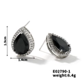 Detailed view of silver pear-shaped stud earrings with black gemstone and dimensions - Black Stone/Silver Base
