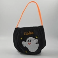 Halloween black plush treat bag with orange handle and cute ghost embroidery - Black Ghost
