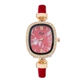 Women's quartz watch with red leather strap and sparkling crystal gold oval case - Red