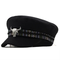 Minimalist black military cap with ethnic woven band and silver bull skull ornament - M(56-58cm) / Black