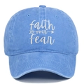Detailed close-up of white 'faith over fear' embroidery on washed blue cotton baseball cap - Adjustable / Light Blue