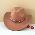 Classic light brown wool felt cowboy hat with leather band and silver ox head ornament - M (56-58cm) / Khaki (Khaki Bull Head Band)