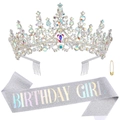 Silver birthday set with sparkling rhinestone crown and glittery Birthday Girl sash - AB Rhinestone Silver Holographic Girl Set