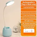 Lámpara LED de escritorio azul claro con cuello flexible, portalápices y soporte móvil - Azul [XH4000 Recargable] Atenuable y Cambio de Color + Cable + Adaptador