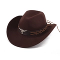 Detail of dark brown cowboy hat featuring leather band and metallic bull head emblem - Roped Bull Head Style / Coffee