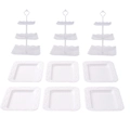 Set detallado de soportes para tartas de 3 niveles y bandejas blancas para mesas de postres - 3 juegos de varillas blancas de 3 niveles cuadradas + 6 bandejas cuadradas con relieve blancas