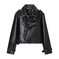 Women's black PU leather motorcycle jacket with lapel collar and waist belt on white background - S / Black