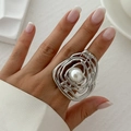 Irregular silver metal swirl ring with faux pearl for women in a minimalist punk style - One Size (Adjustable Open) / Silver Tone (0782 Irregular Pearl)