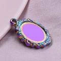 Macro shot of oval rainbow stainless steel pendant base with decorative textured edge - Iridescent (S1577-R) / Colorful