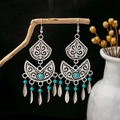 Bohemian turquoise tassel earrings in antique silver finish with leaf pendants - Antique Silver + Blue Turquoise + Leaf Pendant (E4478/Blue)