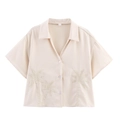 Beige shirt met korte mouwen voorzien van kokosnootboom borduursel en knoopsluiting - XS / Abrikoos