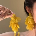 Macro detail of French style yellow tulle flower tassel earrings with beaded accents - Yellow Chiffon Petal Tassel with Seed Bead Decoration (18# Silver Earring Post - Yellow - Flower)