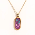 Detailed macro of 14k gold-plated tarot pendant with purple enamel and floral design - Purple Floral Fruit (Style 6)
