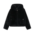 Women's minimalist black hooded faux fur jacket with full zipper on white background - XS / Black